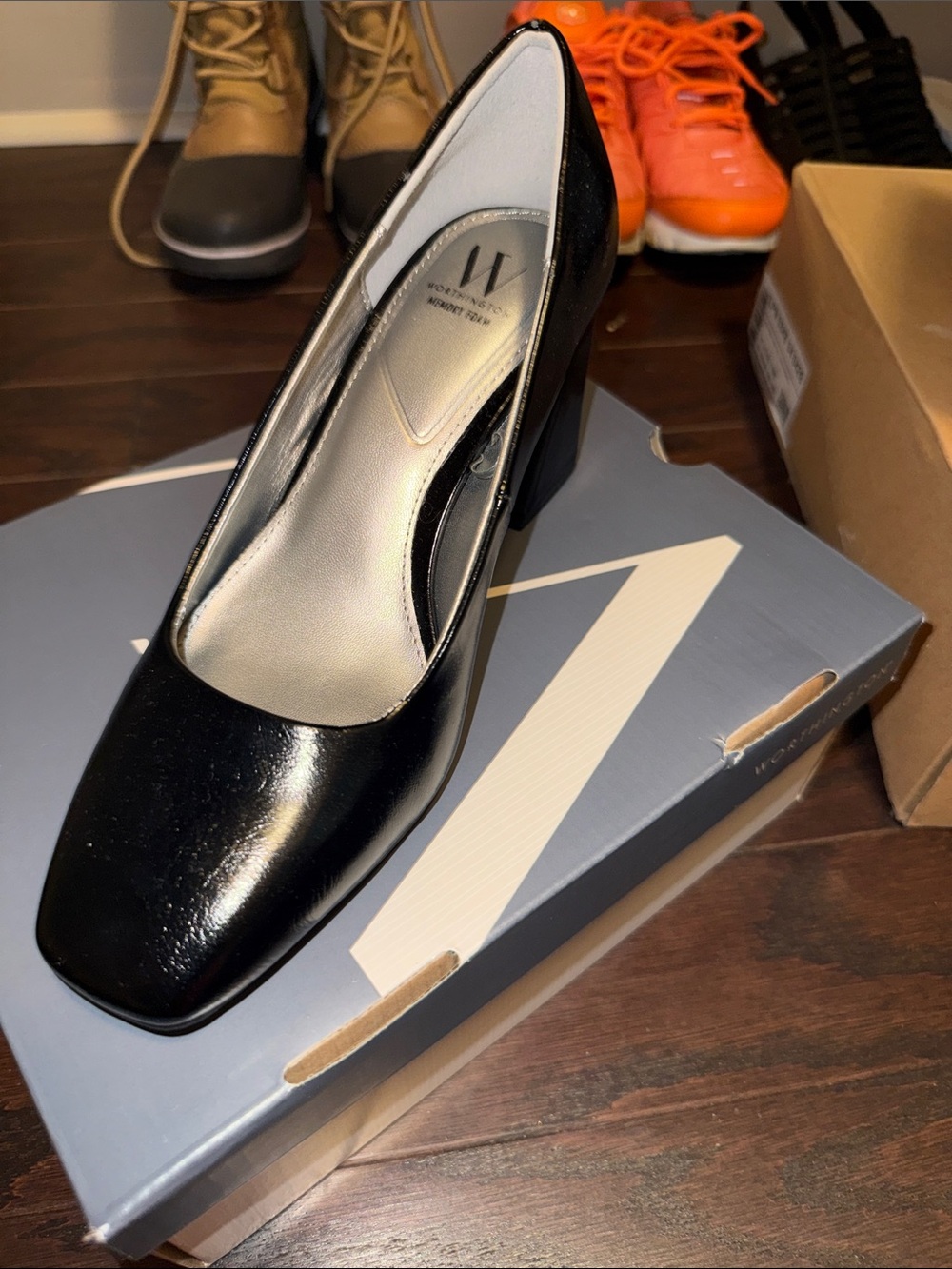 Worthington Black Patent Square-Toe Block Heel Pump